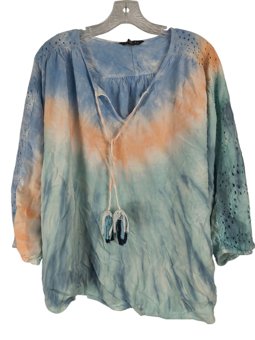 Tribal Blouse Women's XL Blue Tie Dye Tassel Boho Eyelet Puff Sleeve Pop Over